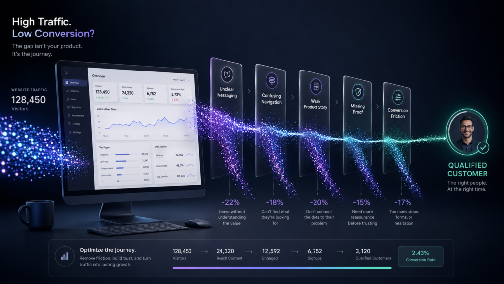 Illustration showing why SaaS websites fail to convert visitors into qualified customers and the customer journey